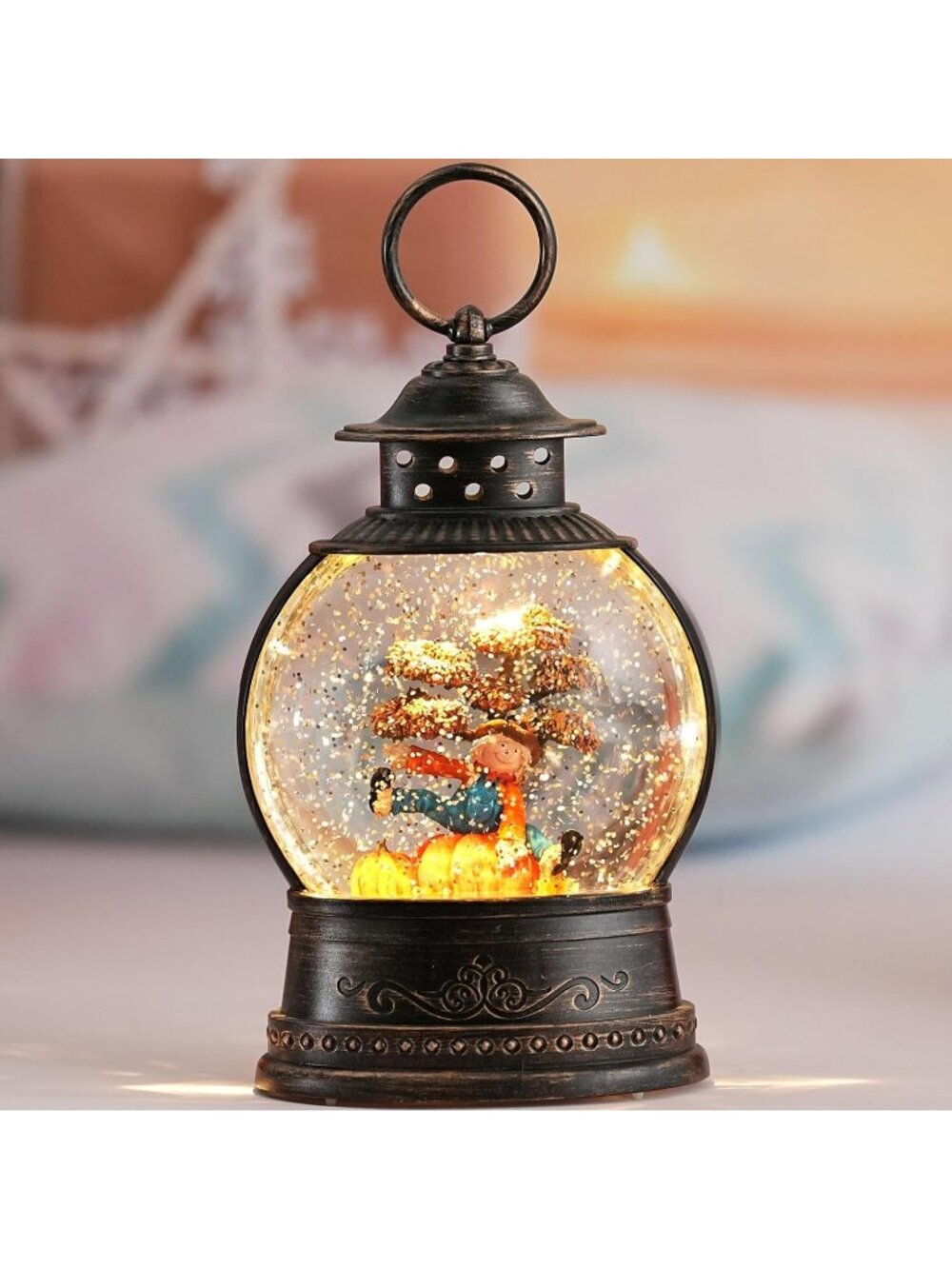 New 12" Lighted Musical Christmas Snow Globe Lantern, Santa in Sleigh, 6H Timer